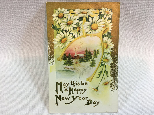 Antique New Year Postcard Gold Foil with Wishbone