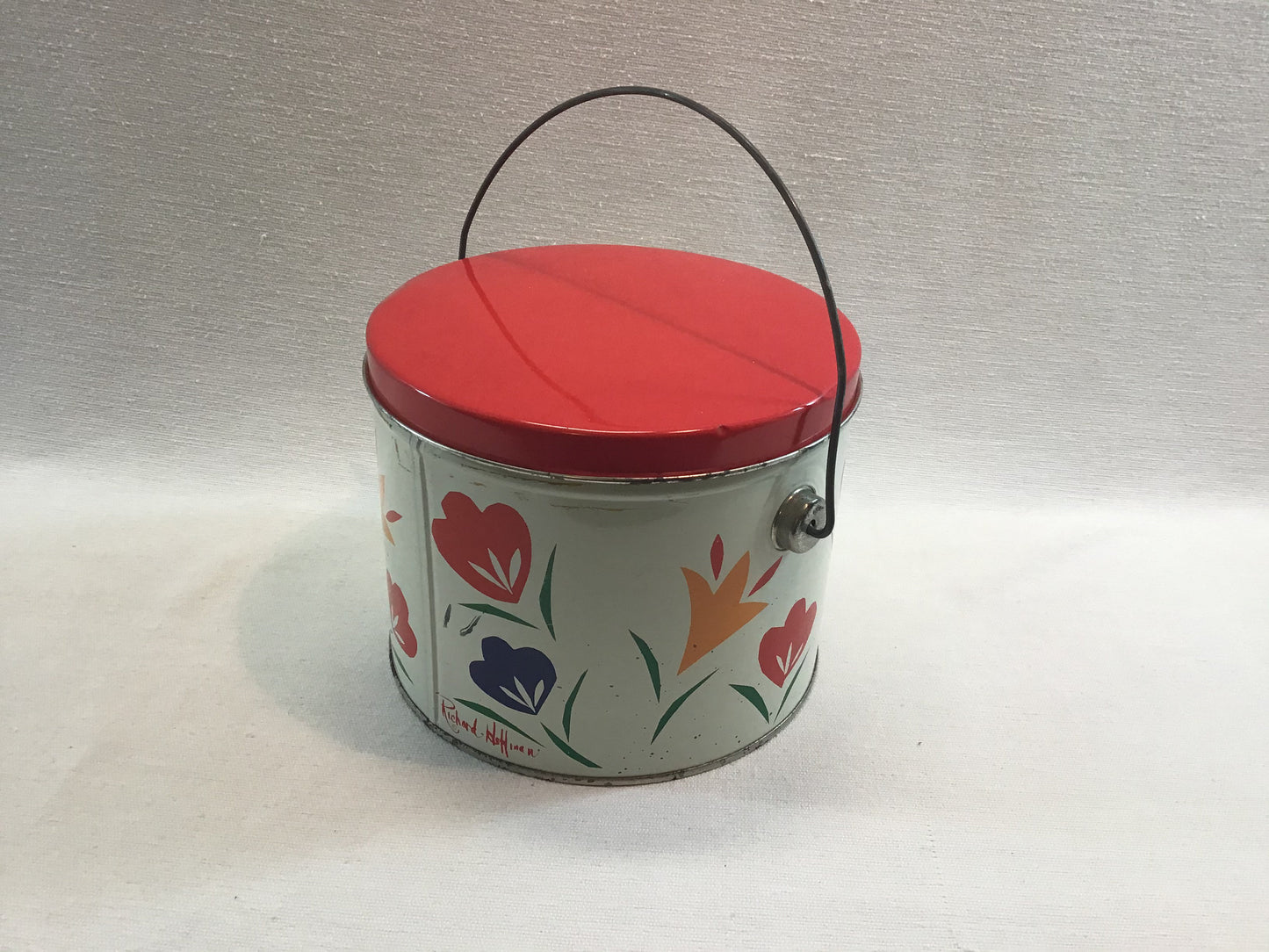 Vintage Tin Container with Bail Bright Abstract Flowers Pop Art Design by Richard Hoffman