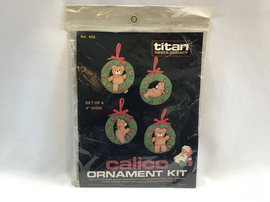 Calico Christmas Ornament Kit Titan Needlepoint No. 402 Teddy Bear Wreaths 1984