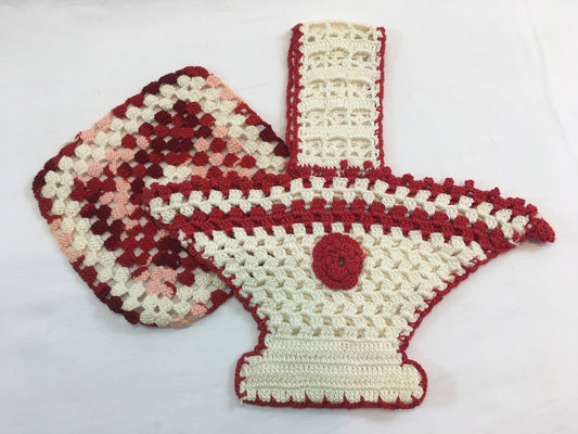 Vintage Crochet Doilies Red and White Basket and Square Holiday Colors