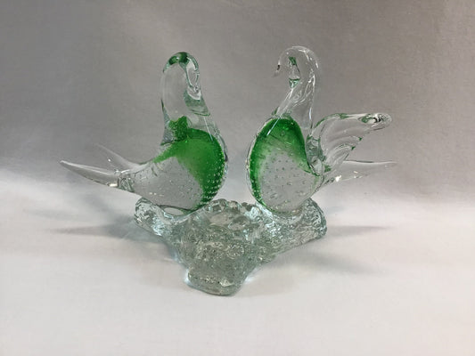 Art Glass Sculpture Nesting Love Birds Figurine Green Controlled Bubble