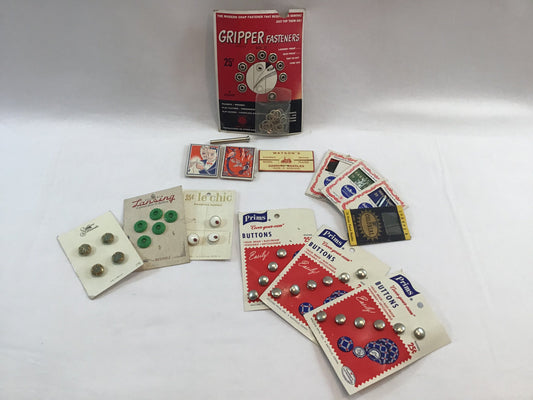 Assorted Sewing Notions Mid Century Buttons Fasteners Needles