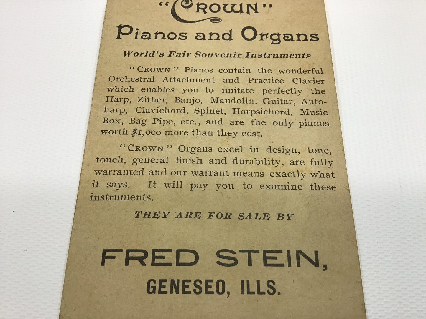 Victorian Advertising Trade Card Crown Pianos and Organs George Bent Mfg. Chicago