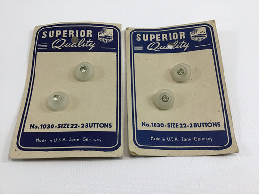 Vintage Superior Quality Buttons on Card Sewing Notions Frosted White with Rhinestone Center