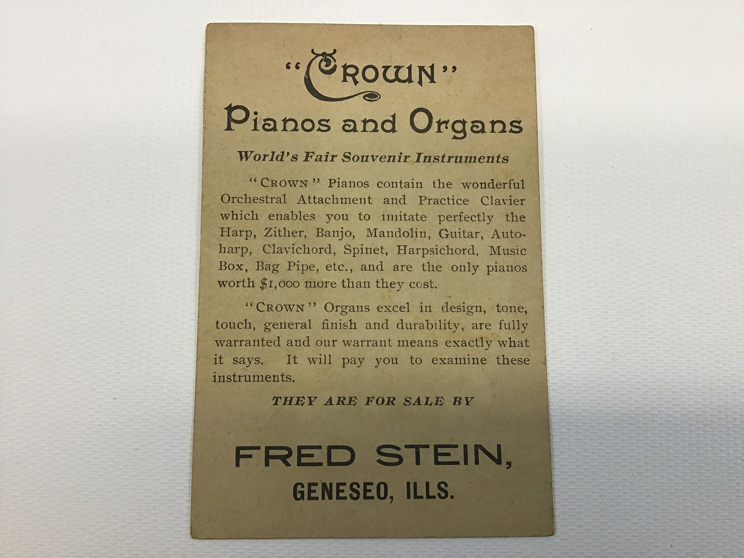 Victorian Advertising Trade Card Crown Pianos and Organs George Bent Mfg. Chicago