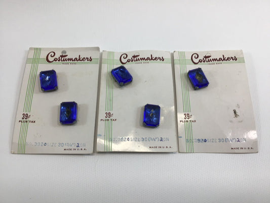Vintage Costumakers Buttons on Card Sewing Notions Blue Faceted Rhinestone