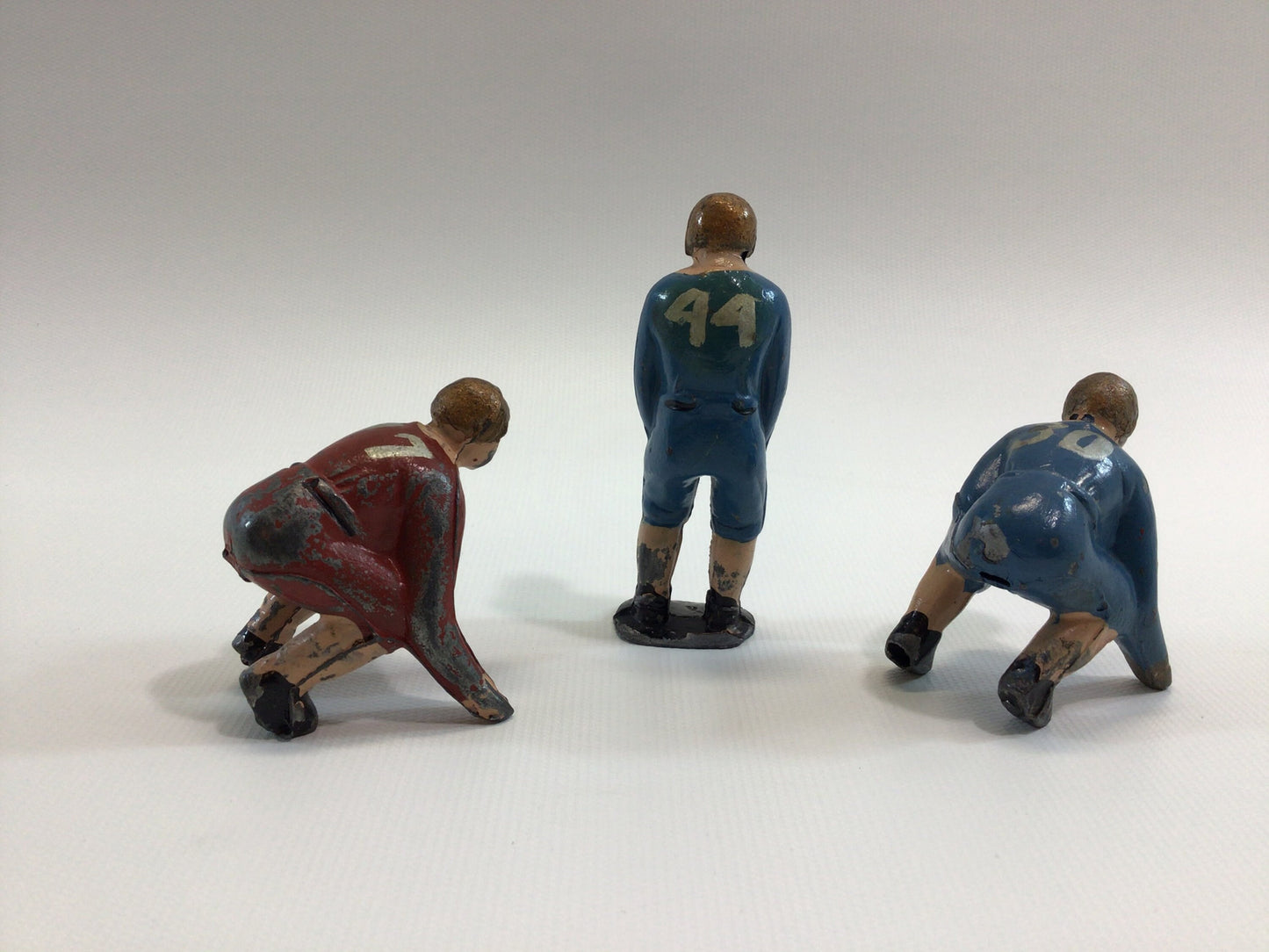 1930s Toy Football Player Action Figures Sheila Toys Lead Cast 2 Linemen and 1 Back.