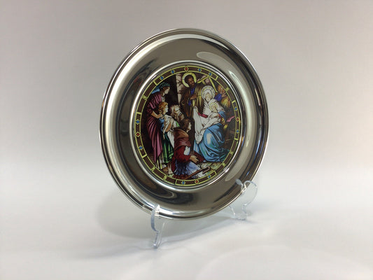 Pewter Stained Glass 10" Plate 1991 Christmas Plate The Manger Vintage US Historical Society Collector's Series