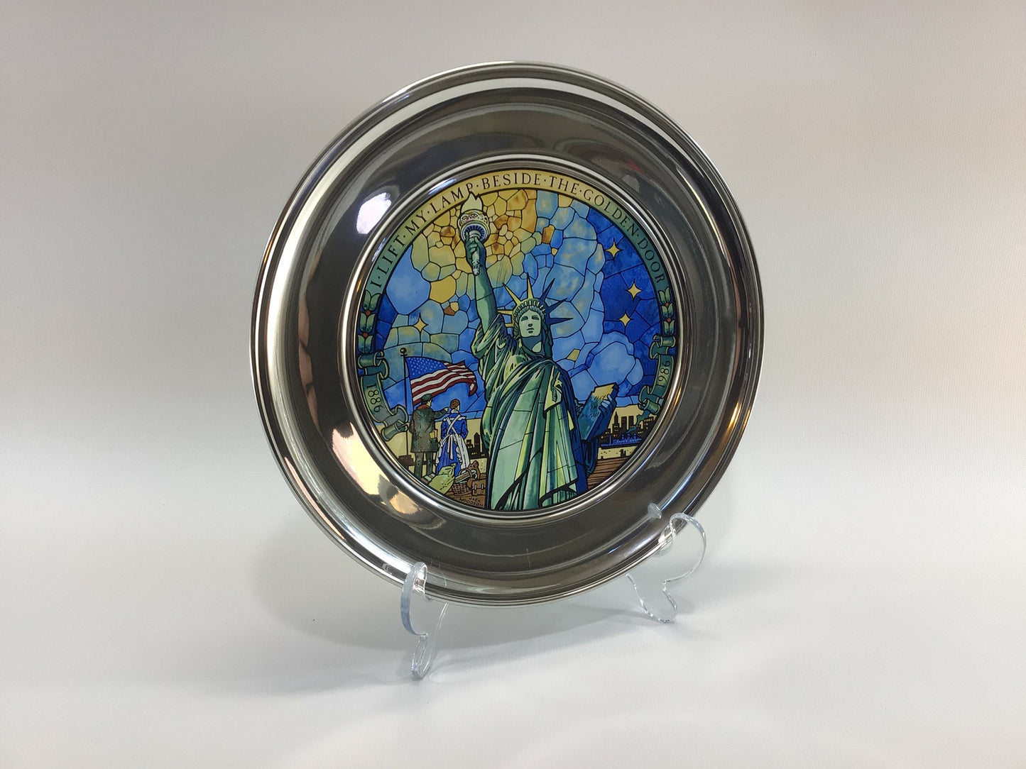 Pewter Stained Glass 10" Plate 1986 Statue of Liberty Vintage US Historical Society Collector's Series