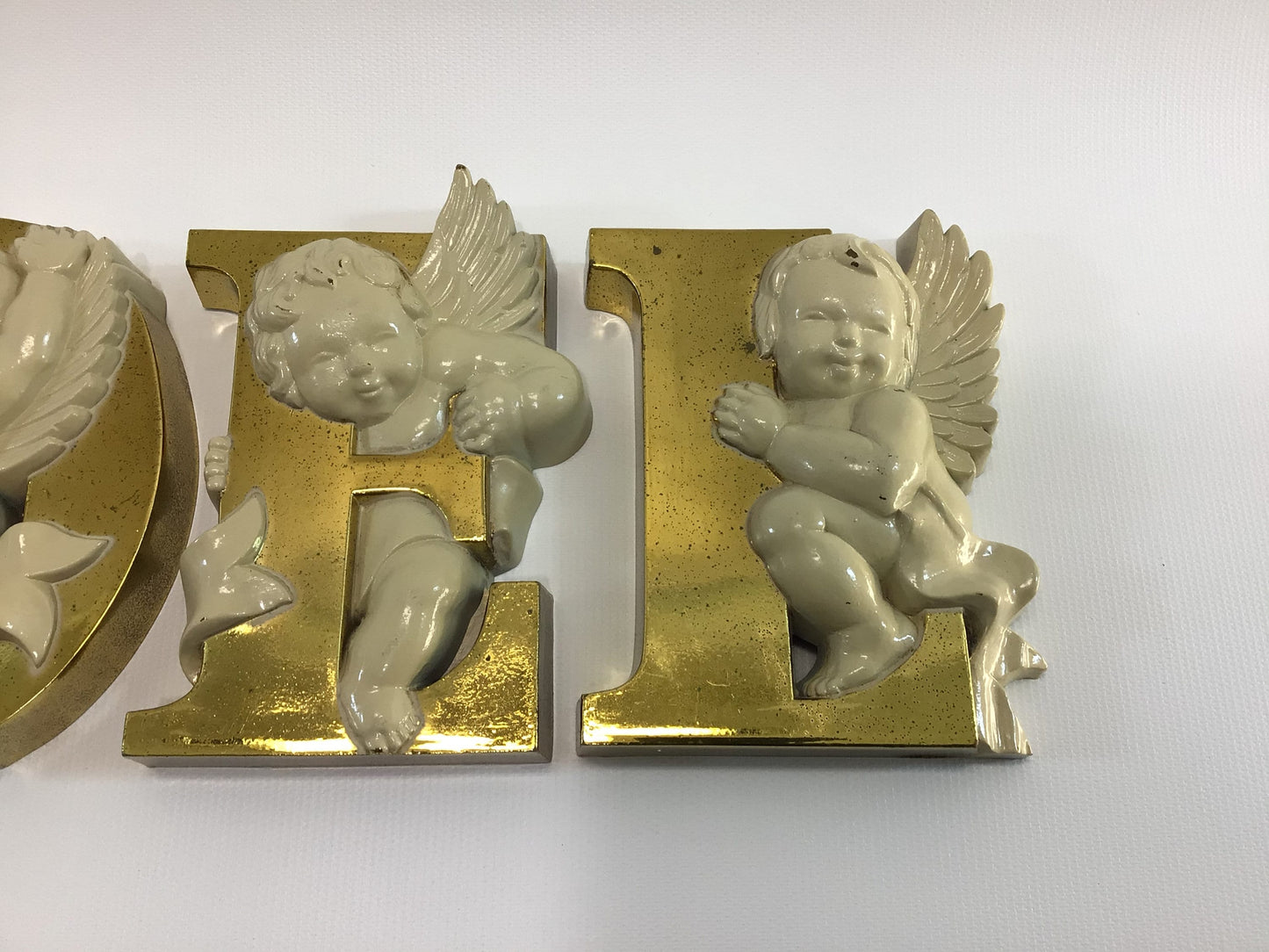 NOEL Christmas Cherubs Wall Decor Set 1987 Burwood Products 3D Gold White Plastic No. 2866-2