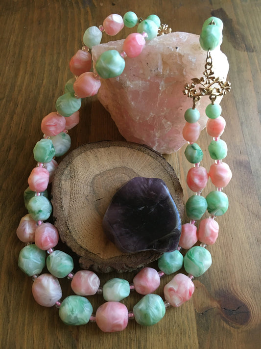 Coro Necklace Coral and Mint Green Bead Double Strand
