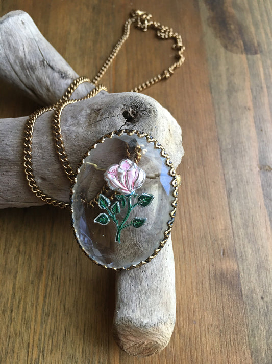 Rose Necklace Brooch Reverse Painted Cut Glass Antiqued Gold Tone Frame