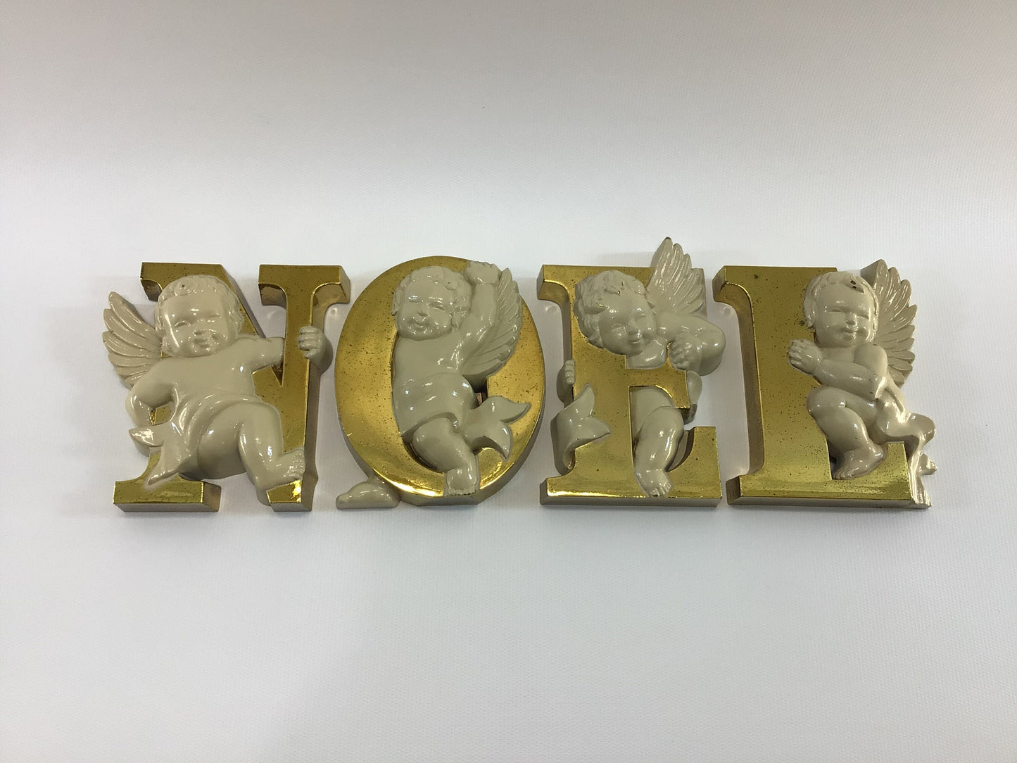 NOEL Christmas Cherubs Wall Decor Set 1987 Burwood Products 3D Gold White Plastic No. 2866-2