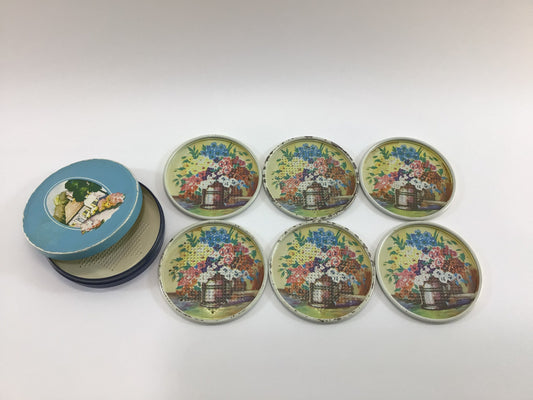 Vintage Drink Coaster Set in Decorative Can Kitschy 6 Piece Tin Litho Floral Pattern