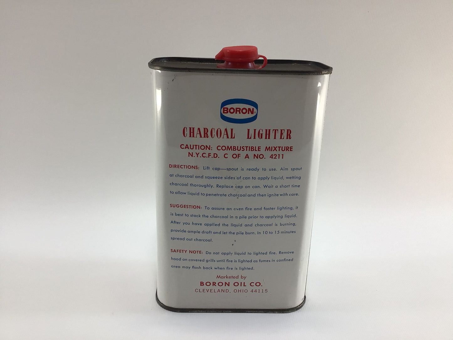 Boron Charcoal Lighter Tin Can 32 fl oz  Vintage Advertising Store Display Collectible