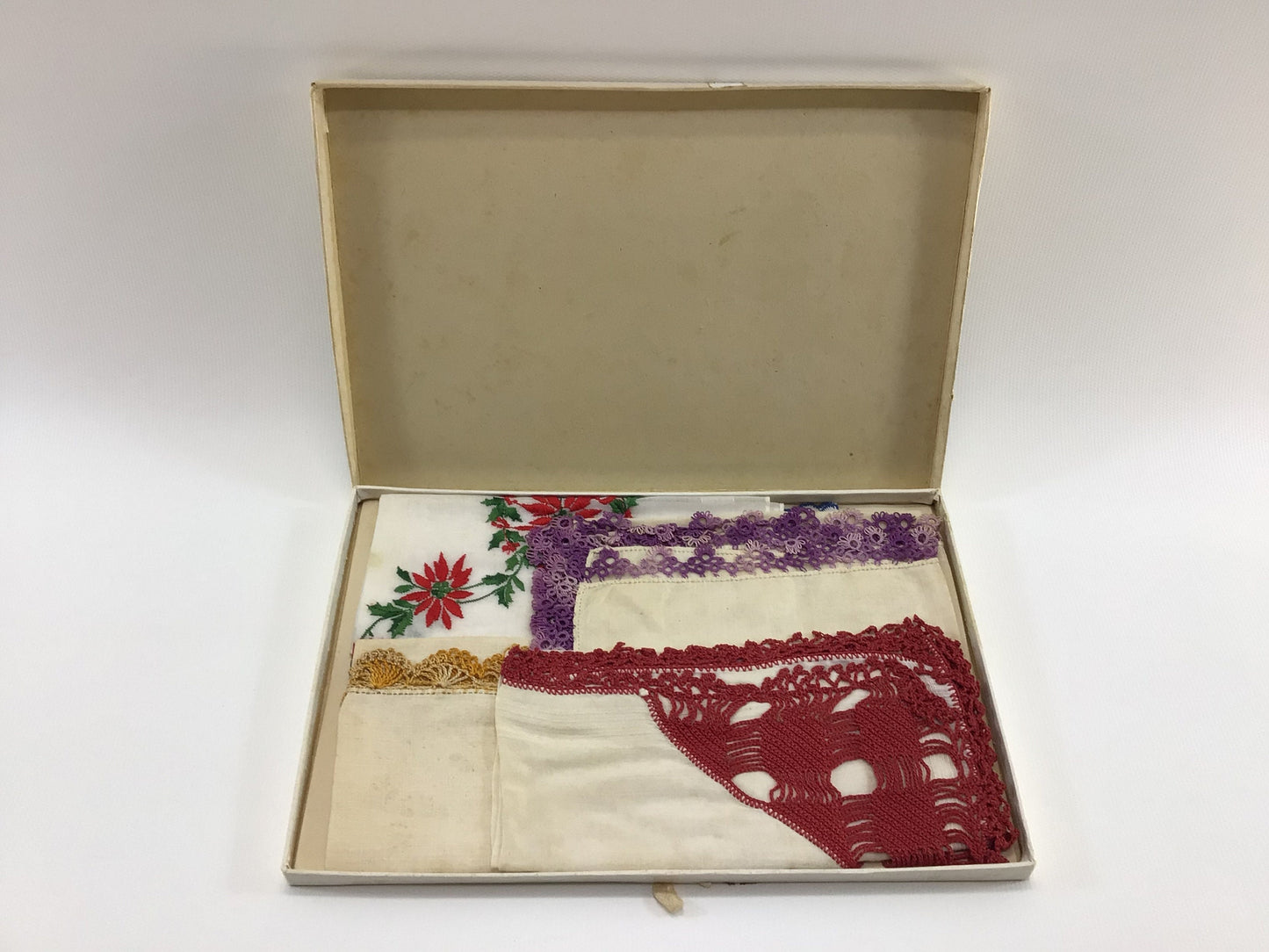 Antique Handkerchiefs 5 Piece Collection Appliquéd Crochet Poinsettia Masonic