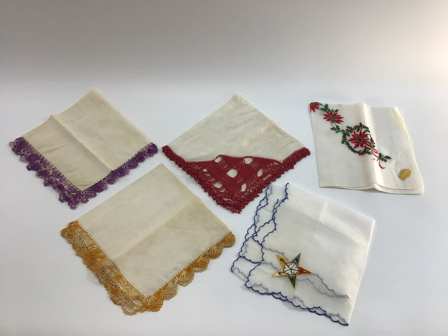 Antique Handkerchiefs 5 Piece Collection Appliquéd Crochet Poinsettia Masonic