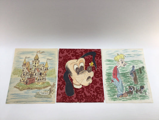 Disney Castle and Goofy Cartoon Art 3 Hand Drawn Colored Vintage Childs Wall Decor Artwork