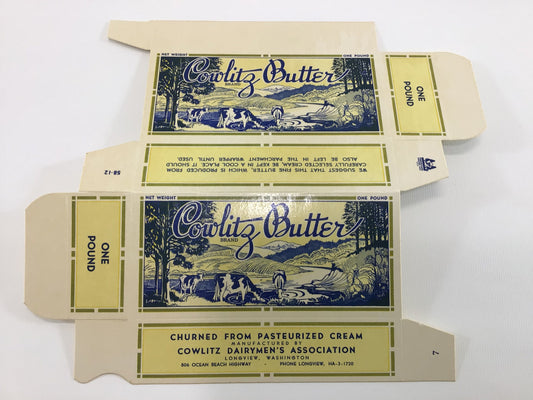 1958 Cowlitz Butter Box Vintage Advertising Old Paper Ephemera