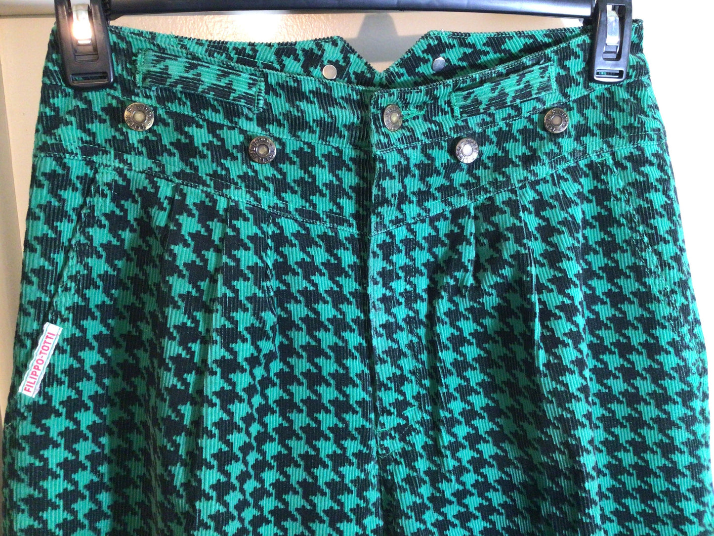 1980s High Waist Pants Teal and Black Houndstooth Corduroy Size 11/12