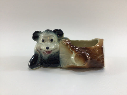 American Bisque Bear in Log Ceramic Planter Mid Century Kitschy Home Decor