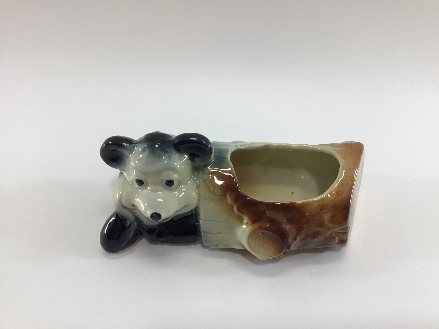 American Bisque Bear in Log Ceramic Planter Mid Century Kitschy Home Decor