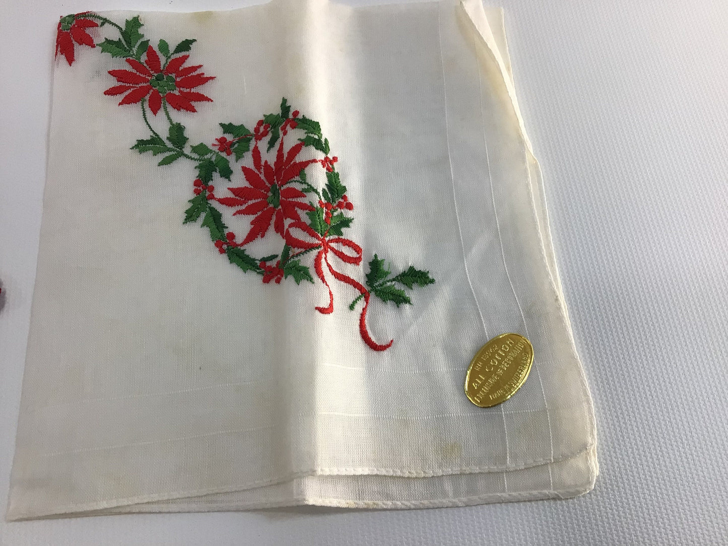 Antique Handkerchiefs 5 Piece Collection Appliquéd Crochet Poinsettia Masonic