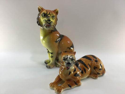 Ceramic Tiger Figurines 12" Hand Painted Mid Century Kitsch Decor Made in Japan