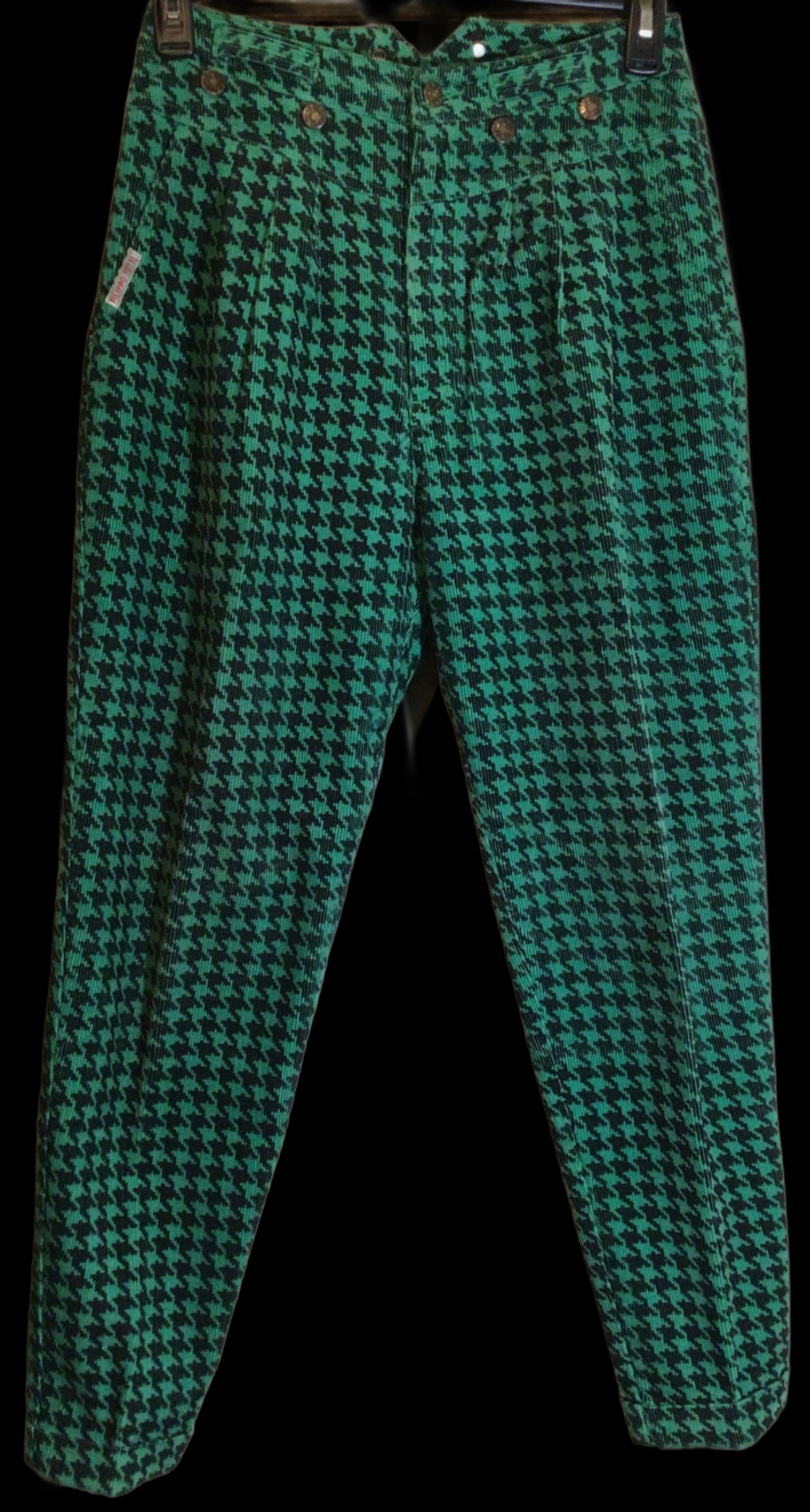 1980s High Waist Pants Teal and Black Houndstooth Corduroy Size 11/12