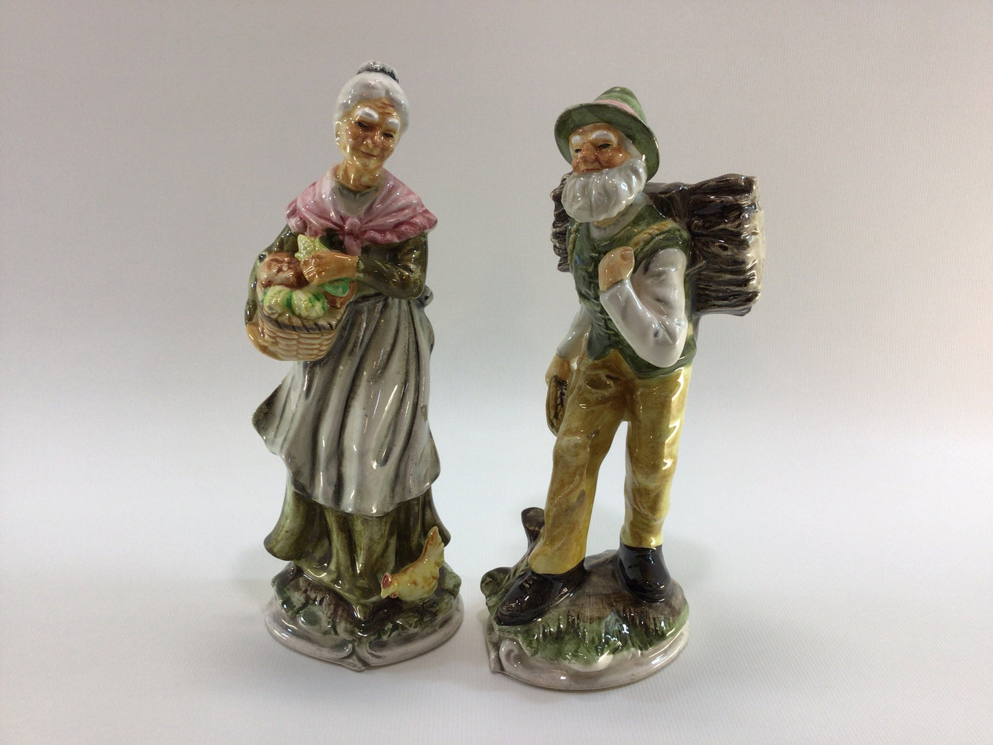 Elderly Man and Woman Gathering Figurines 7" Hand Painted Mid Century Ceramic Home Decor Made in Japan