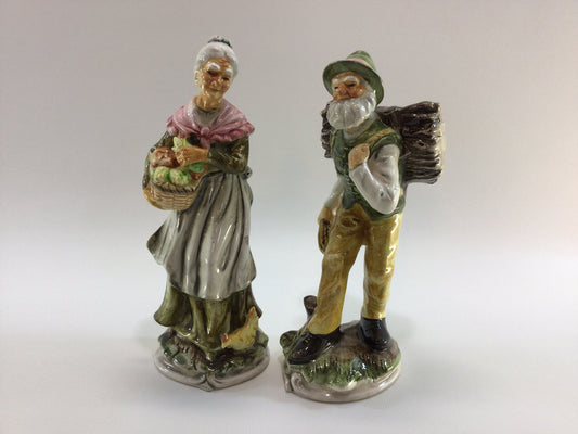Elderly Man and Woman Gathering Figurines 7" Hand Painted Mid Century Ceramic Home Decor Made in Japan