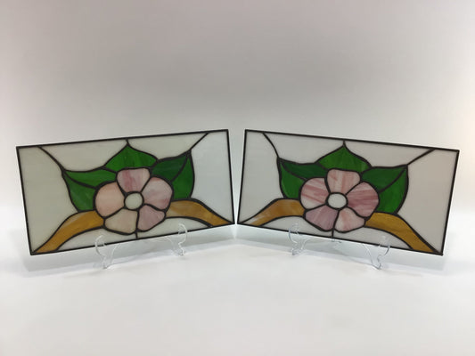 Stained Glass Panels Pair of Small 13" x 6.5" Pink Flower Motif Handmade Vintage Home Window Wall Shelf Patio Accent Decor Light Catcher