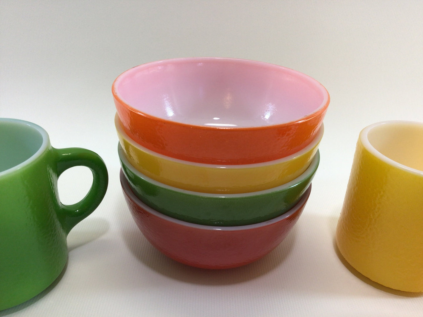 Hazel Atlas Orange Peel Cup Bowl Set Retro Vintage Milk Glass Orange Lemon Lime Watermelon