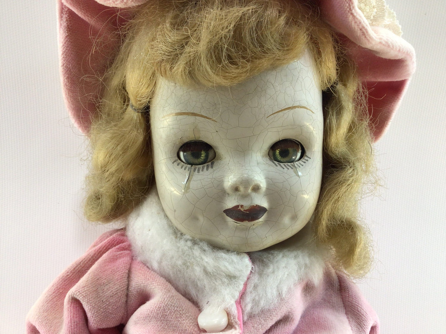 Composite Doll Spooky 18" Vintage Sleepy Eye Crackled Pale Face Ice Skater in Pink Poor Sweet Ethyl