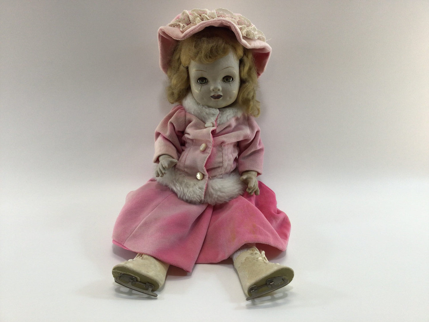 Composite Doll Spooky 18" Vintage Sleepy Eye Crackled Pale Face Ice Skater in Pink Poor Sweet Ethyl