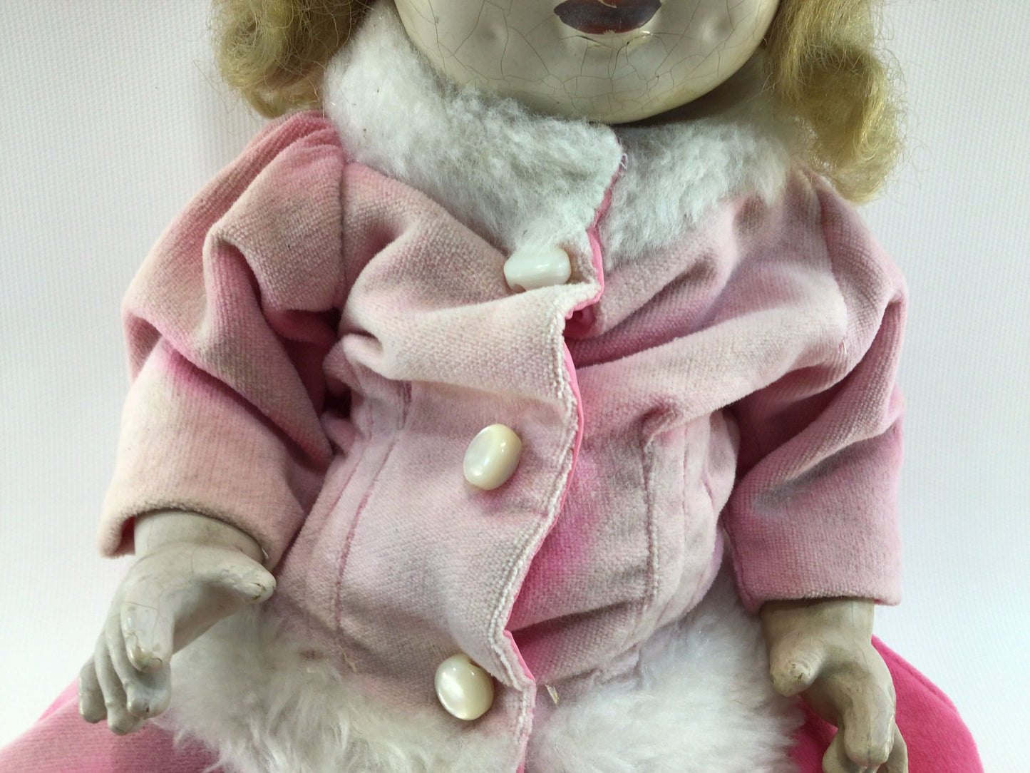 Composite Doll Spooky 18" Vintage Sleepy Eye Crackled Pale Face Ice Skater in Pink Poor Sweet Ethyl