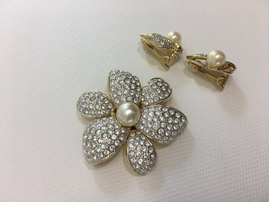 CIRO Pave Rhinestone and Pearl Brooch Large Flower and Leaf Clip Earrings