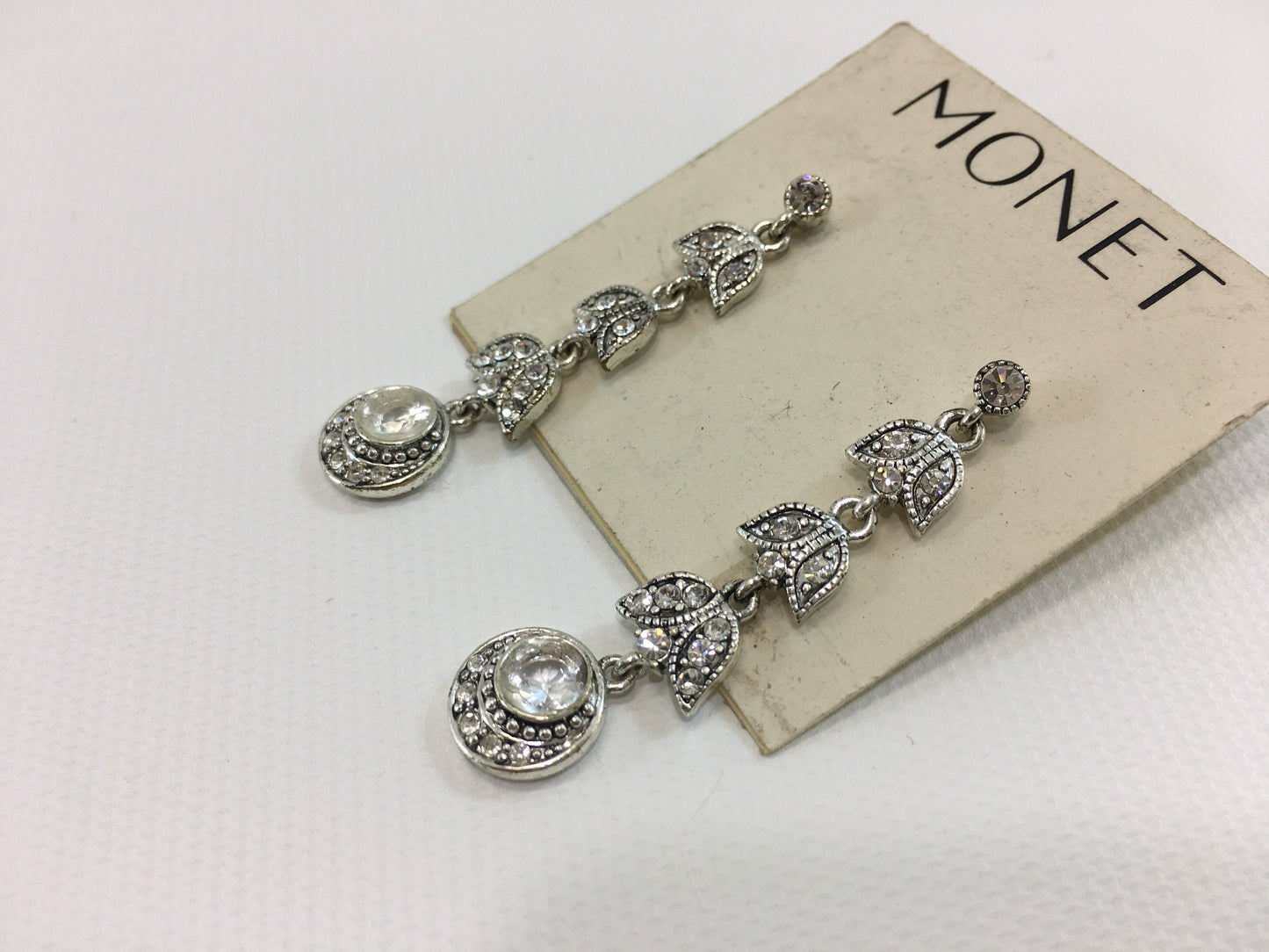 Monet Earrings Pierced Silver Tone Clear Rhinestone Dangle