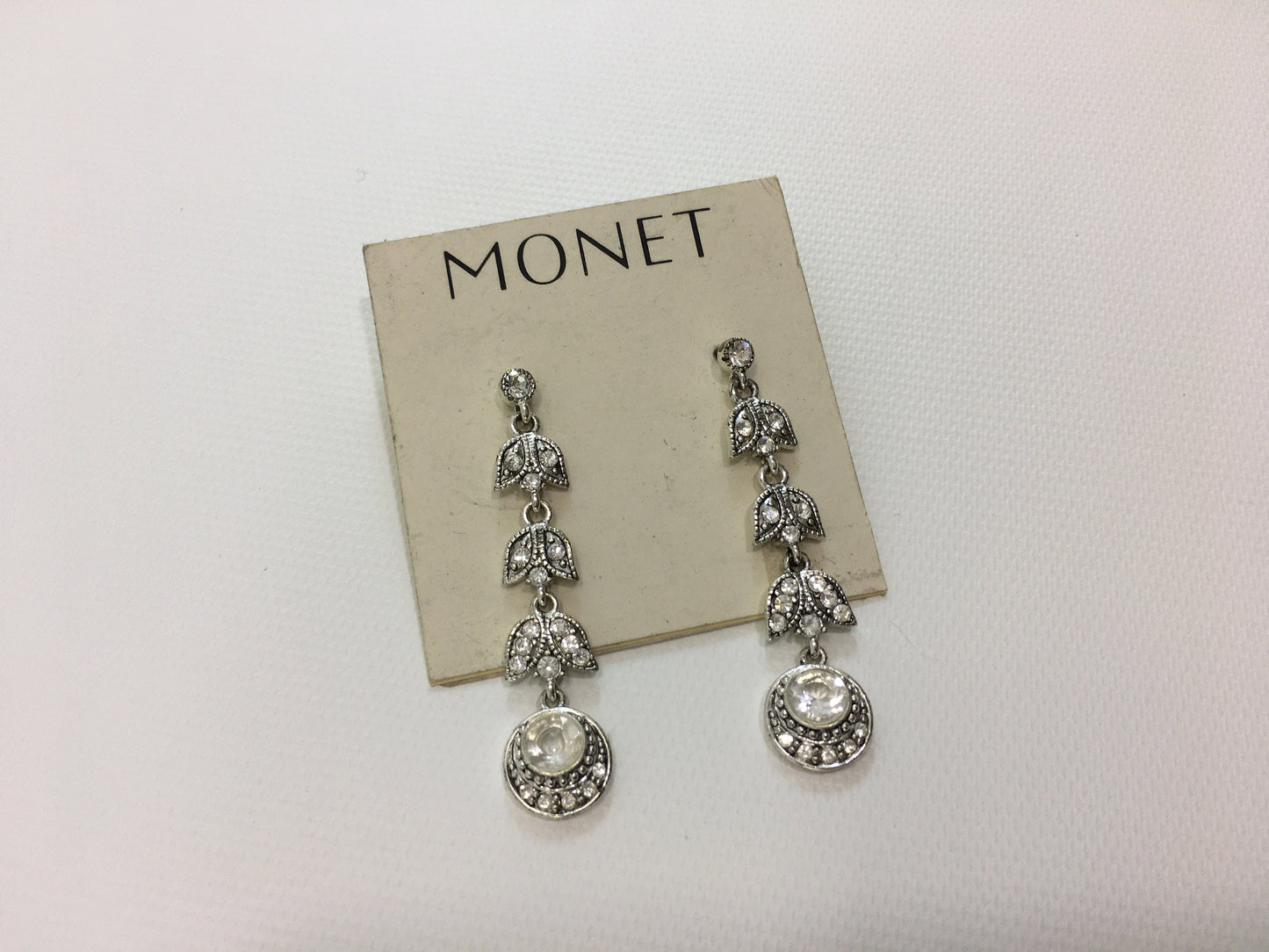 Monet Earrings Pierced Silver Tone Clear Rhinestone Dangle