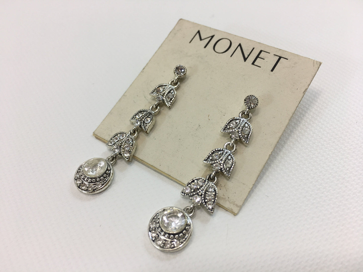 Monet Earrings Pierced Silver Tone Clear Rhinestone Dangle