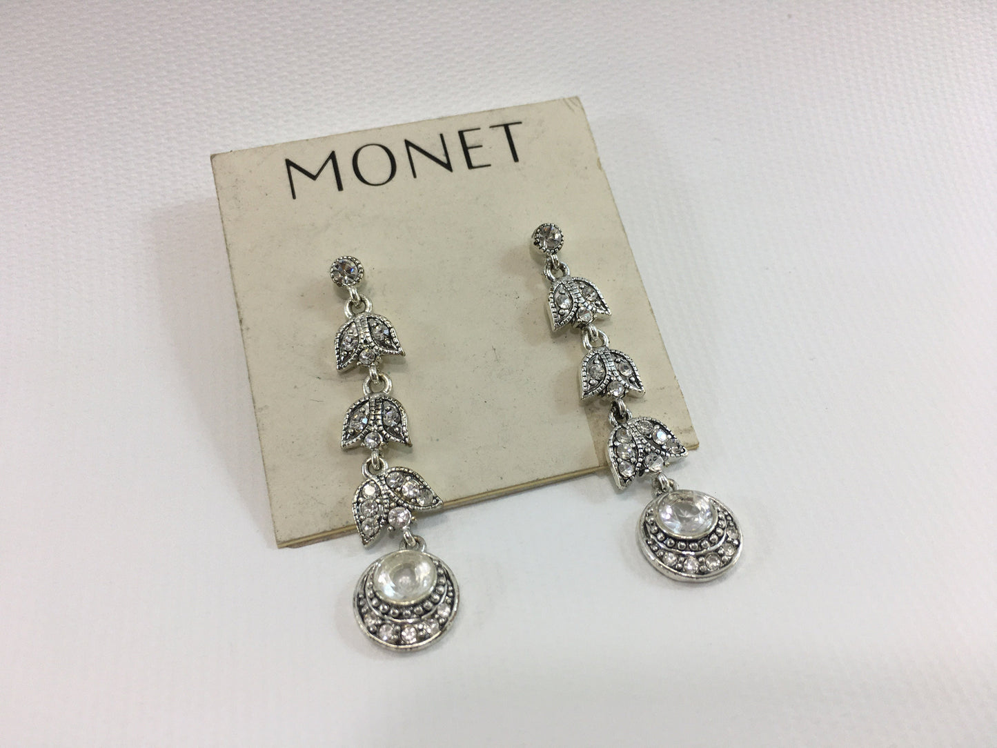 Monet Earrings Pierced Silver Tone Clear Rhinestone Dangle