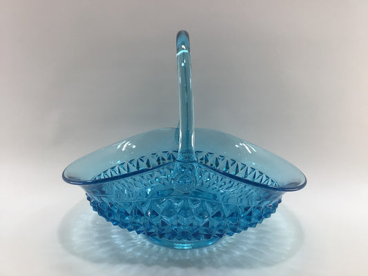 Blue Art Glass 13" Basket Vintage Tiara Indiana Glass Diamond Point Pattern