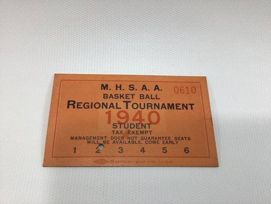 1940 Regional Basketball Tournament Student Ticket Michigan High School Vintage Ephemera