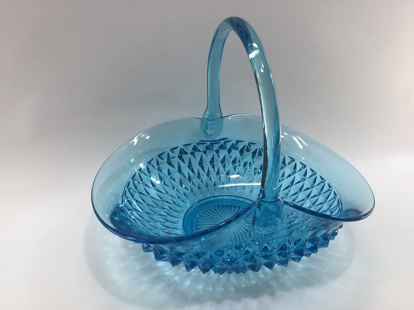 Blue Art Glass 13" Basket Vintage Tiara Indiana Glass Diamond Point Pattern