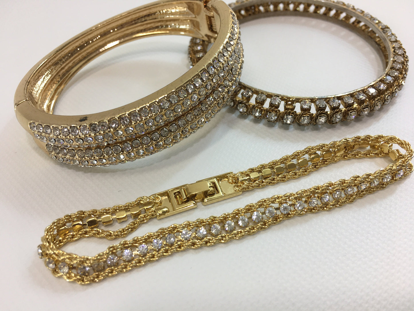 Gold Tone Rhinestone Bracelets Lot Tennis Cuff Vintage Fashion Jewelry