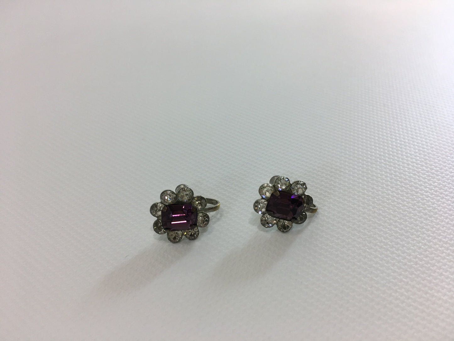 Vintage Square Cut Purple and Clear Rhinestone Screw-back Earrings