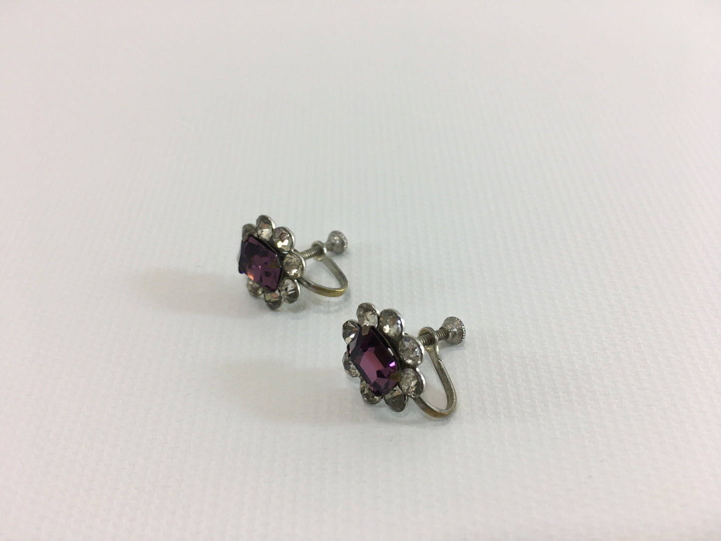 Vintage Square Cut Purple and Clear Rhinestone Screw-back Earrings