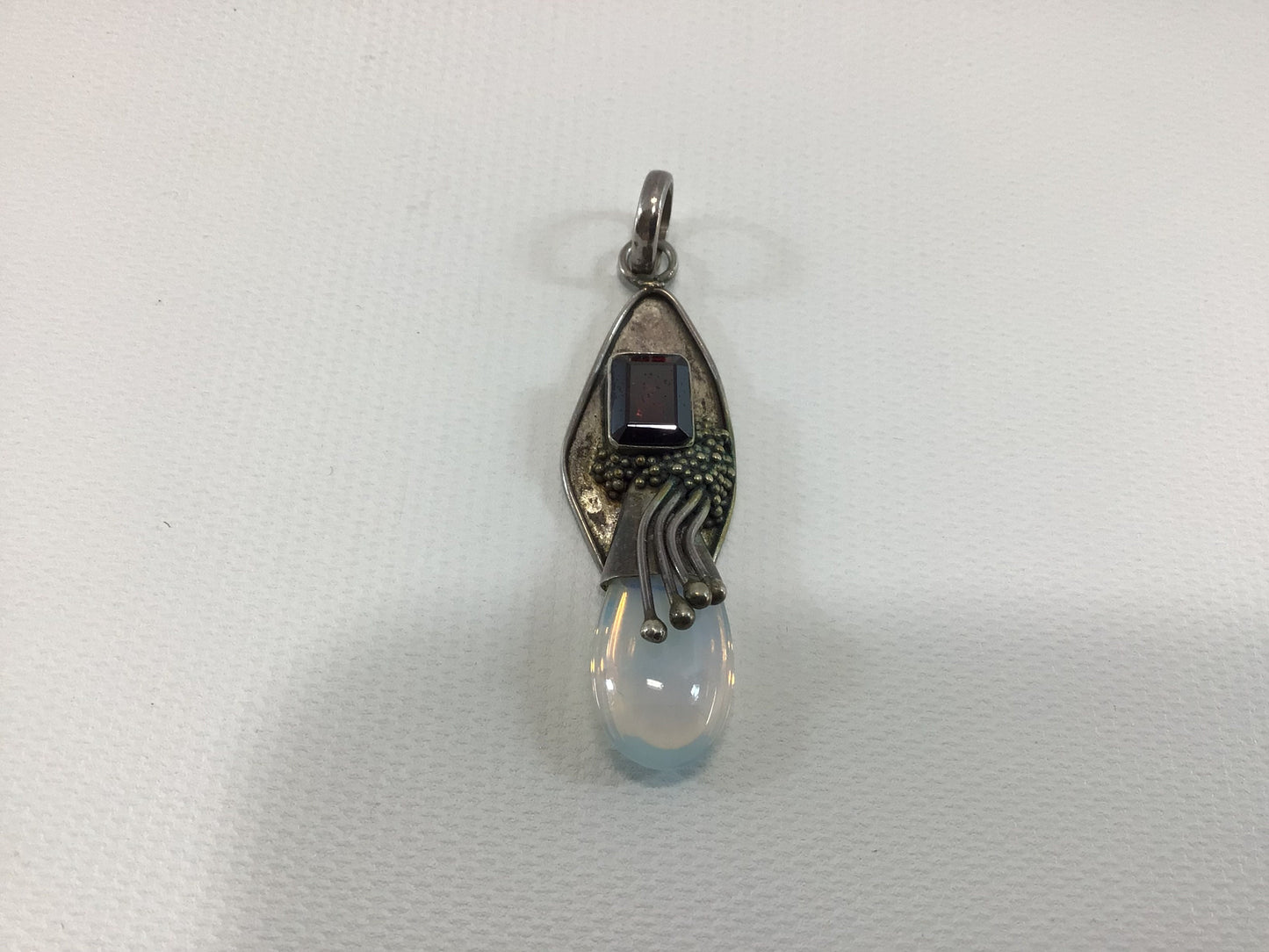 Gothic Renaissance Pendant Sterling Silver 925 Opalite and Garnet Crystal