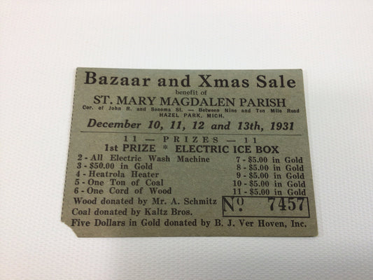 1931 Ticket Bazaar and Xmas Sale Vintage Hazel Park Ephemera St Mary Magdalen Parish