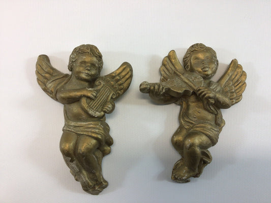 Chalkware Angel Cherubs Vintage Wall Decor Matte Gold Paint